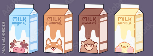 Children milk in cardboard package with original and vanilla, chocolate and caramel flavor and kawaii animal characters image. Cartoon vector dairy drink milkshake with cute funny face on carton box.