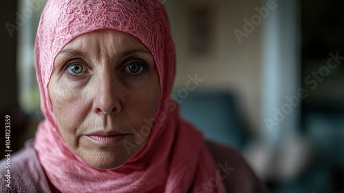 A older woman with cancer, wearing a pink scarf, looks directly into the camera Breast Cancer support