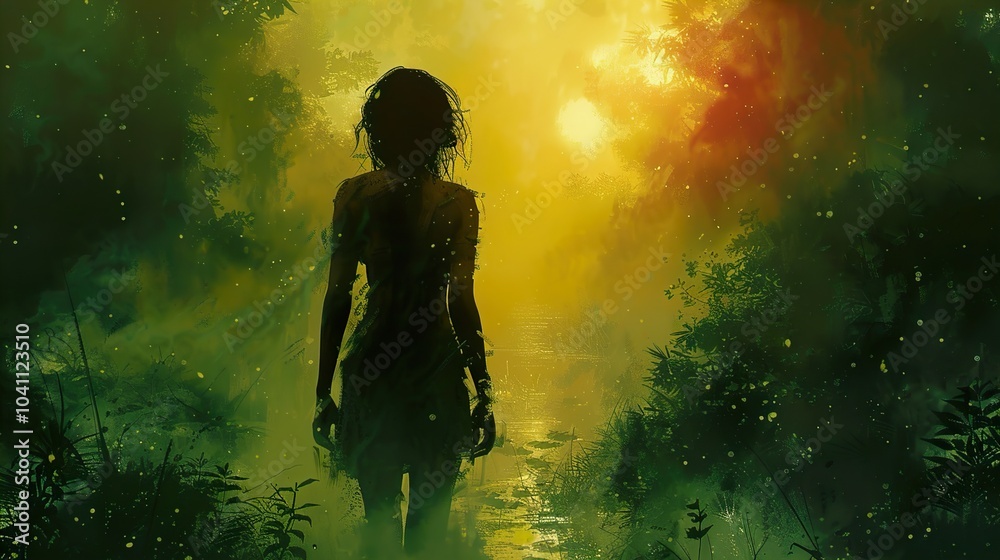Mystical Forest Silhouette: Woman in a Dreamlike Landscape Mystical Forest Silhouette: Woman in a Dreamlike Landscape
