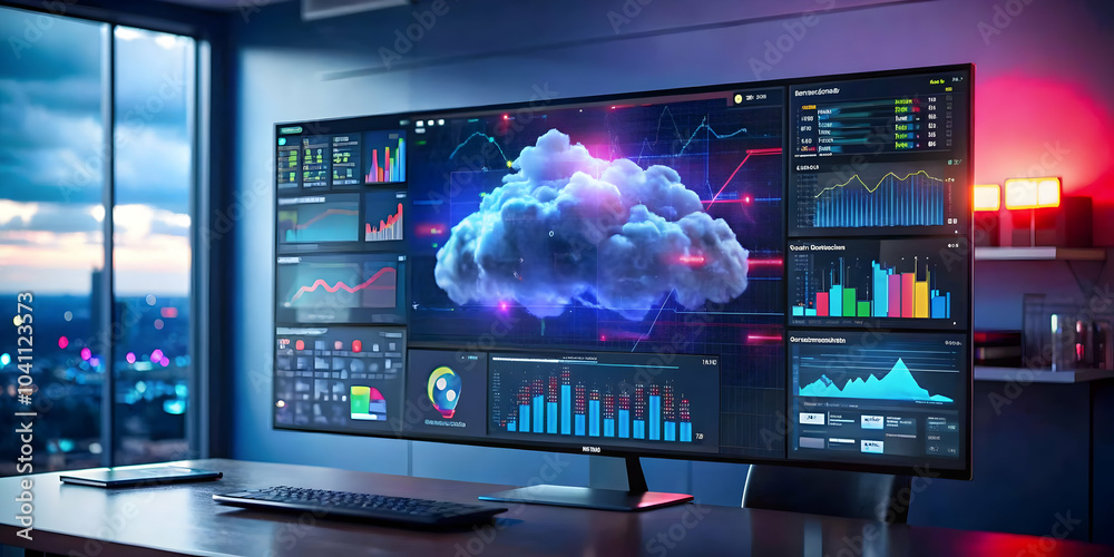 Glossy Cloud Network Operations Dashboard Photo Large Screen Modern Office Real Time Monitoring Management Ample Copy Space Stock Image Concept Glossy Cloud Network Operations Dashboard Photo Large Screen Modern Office Real Time Monitoring Management Ample Copy Space Stock Image Concept