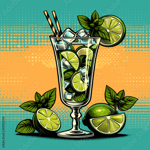 Cocktail mojito in an elegant tall glass, pop art style, colored vector 