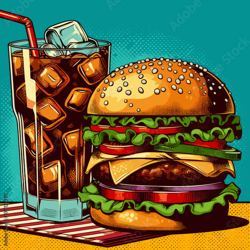 Hamburger and drink, pop art style, colored vector 