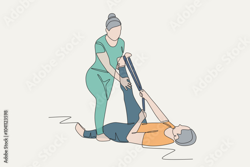 Colored physiotherapists assist patients during rehabilitation. Patient rehabilitation concept one-line drawing