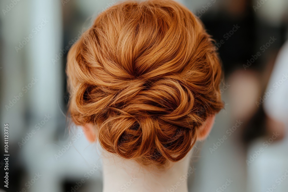 Naklejka premium Stylish artistic updo in a beauty salon featuring textured layers and a modern twist for a chic look.