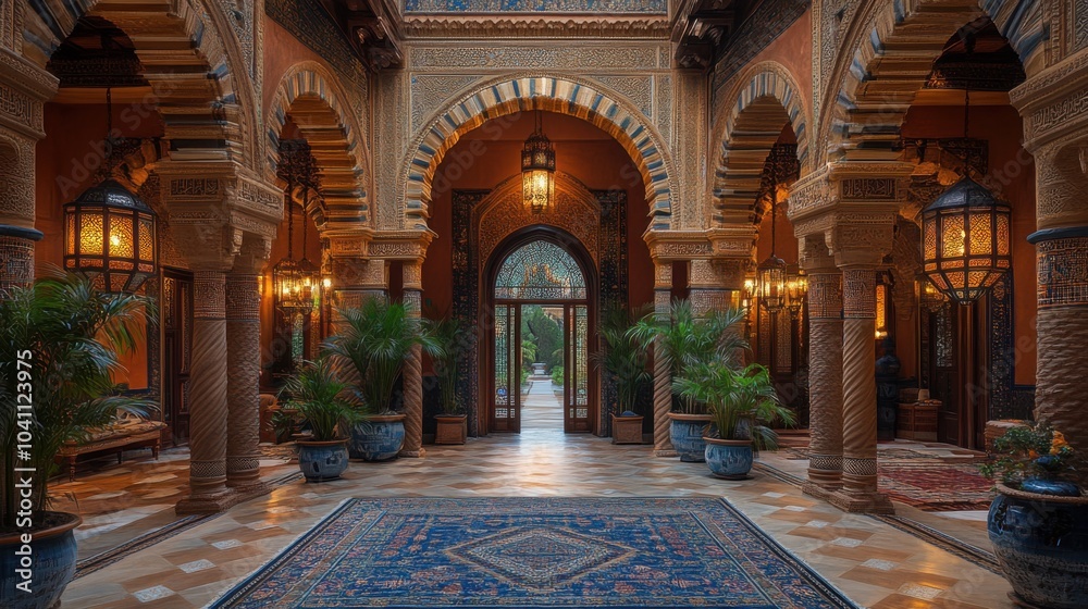Obraz premium Ornate interior of a luxurious Moroccan-style courtyard.