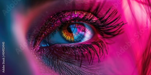 A close-up shot of an eye with glitter applied, suitable for use in fashion or beauty-related contexts