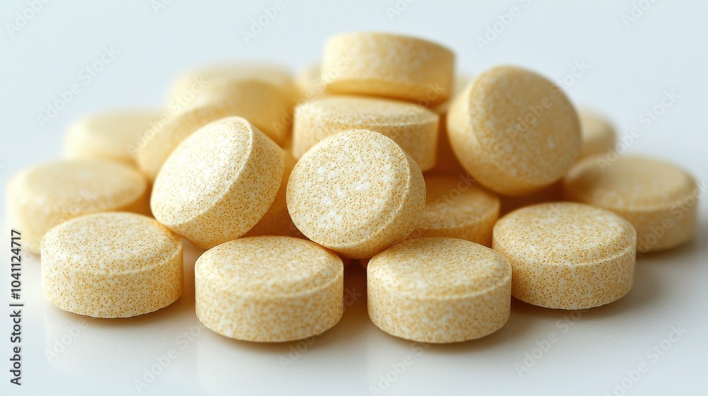 Yellow dietary supplement tablets arranged on a white surface, highlighting their round shape and textured surface Yellow dietary supplement tablets arranged on a white surface, highlighting their round shape and textured surface