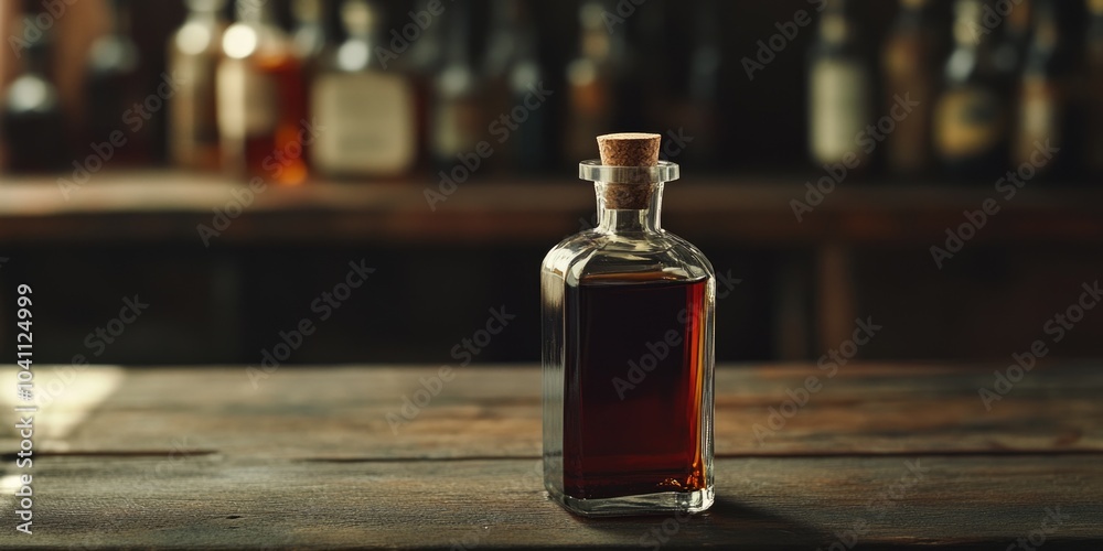 A single bottle of liquor sits on a wooden table, ready for use A single bottle of liquor sits on a wooden table, ready for use