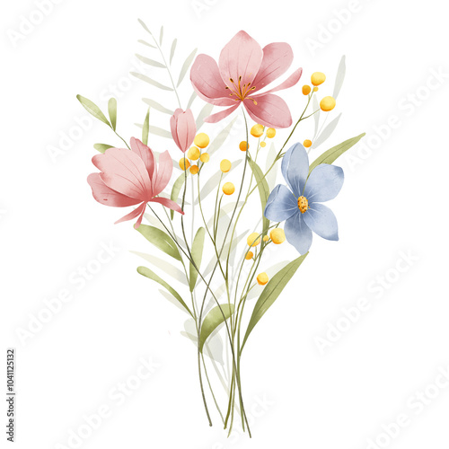 Flowers watercolor, floral clip art. Bouquet perfectly for printing design on invitations, cards, posters, wall art and other. Isolated on white background. Hand painting.