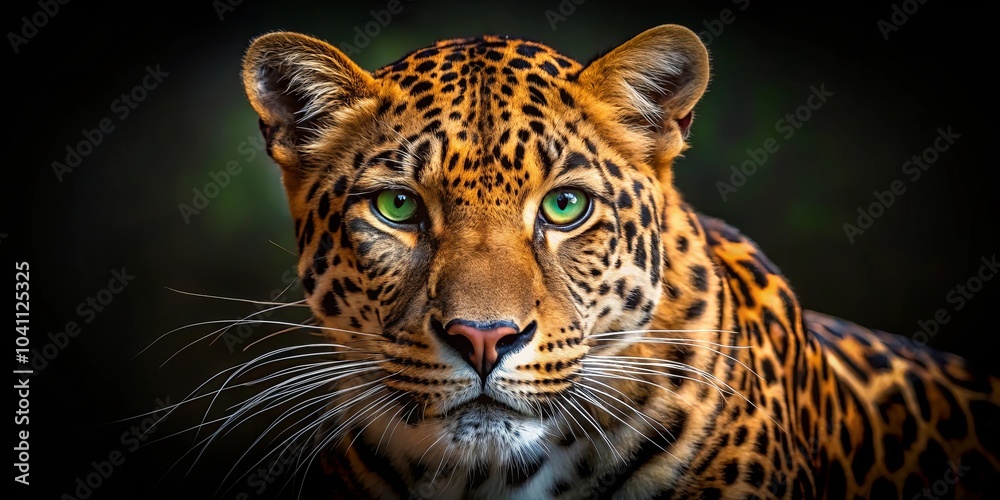 Fototapeta premium A Close-Up Portrait of a Leopard's Intense Gaze, with a Focus on the Detailed Rosette Pattern and the Sharpness of the Animal's Whiskers