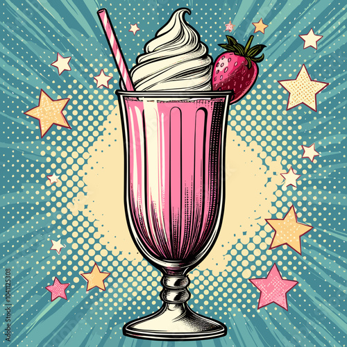 Milkshake in an elegant tall glass, pop art style, colored vector