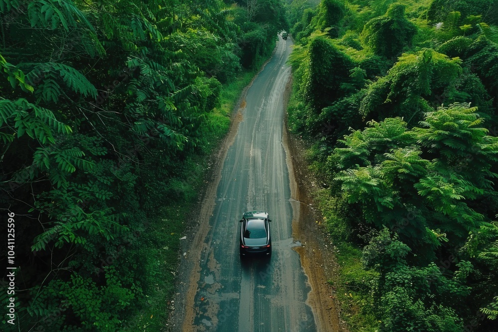Obraz premium A vehicle travels along a winding road flanked by trees, suitable for use in travel or landscape photography