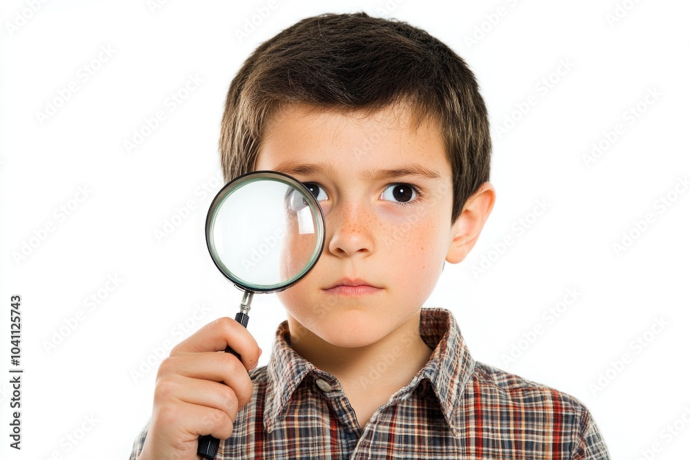 A young boy observing something closely with a magnifying glass, possibly for science or exploration A young boy observing something closely with a magnifying glass, possibly for science or exploration