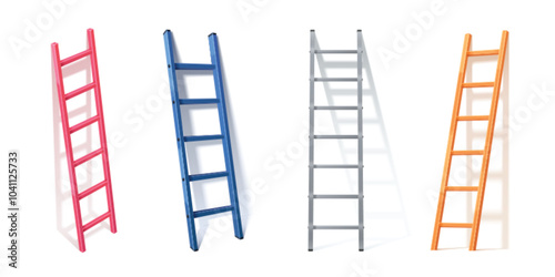 3d vector ladder leaning on white wall with shadow. Realistic illustration set of metal stepladder in different angles. building and renovation climbing aluminum construction. Portable steel staircase