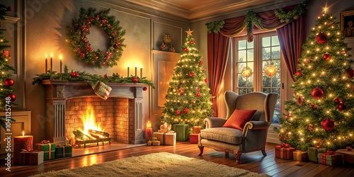 A Cozy Fireplace, Two Decorated Christmas Trees, and a Comfortable Armchair Await the Festive Season