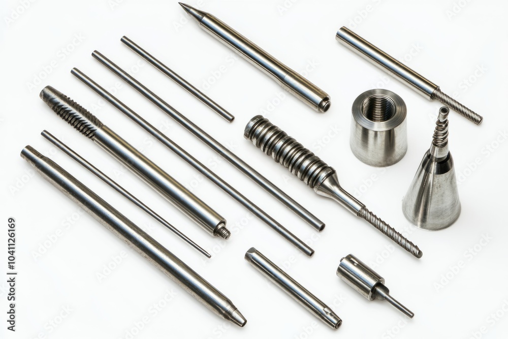 A collection of precision metal parts arranged artistically. Each piece is shiny and detailed. Ideal for industrial design projects or engineering purposes. Generative AI A collection of precision metal parts arranged artistically. Each piece is shiny and detailed. Ideal for industrial design projects or engineering purposes. Generative AI