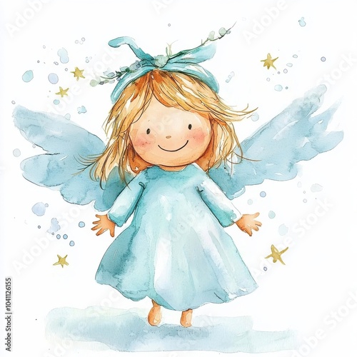 Cute angelic character with wings, smiling joyfully, adorned in a light blue dress, surrounded by soft stars.