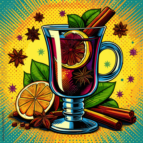 Mulled wine in a beautiful glass, pop art style, colored vector 