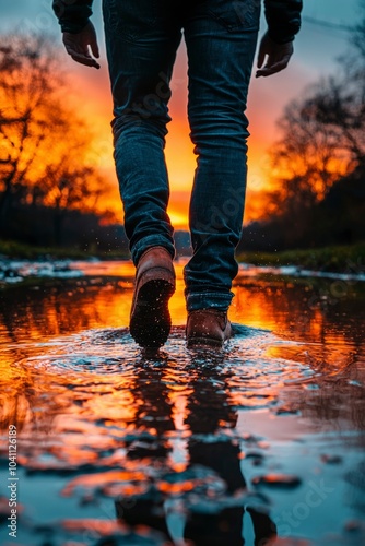 A Person Walking Through a Puddle at Sunset