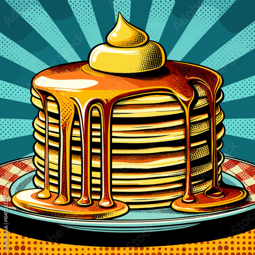 Pancakes with maple syrup, pop art style, colored vector