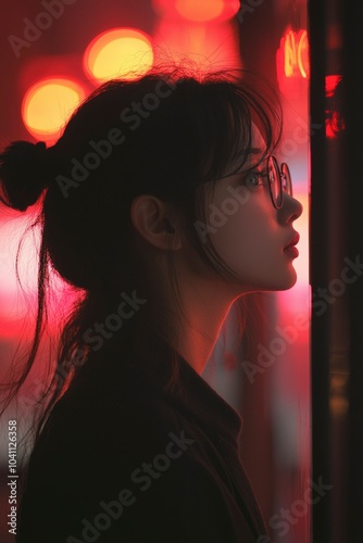 A Woman in Glasses Looking Away with Red Lights in the Background