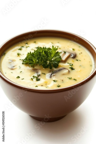 A warm bowl of mushroom soup garnished with fresh parsley