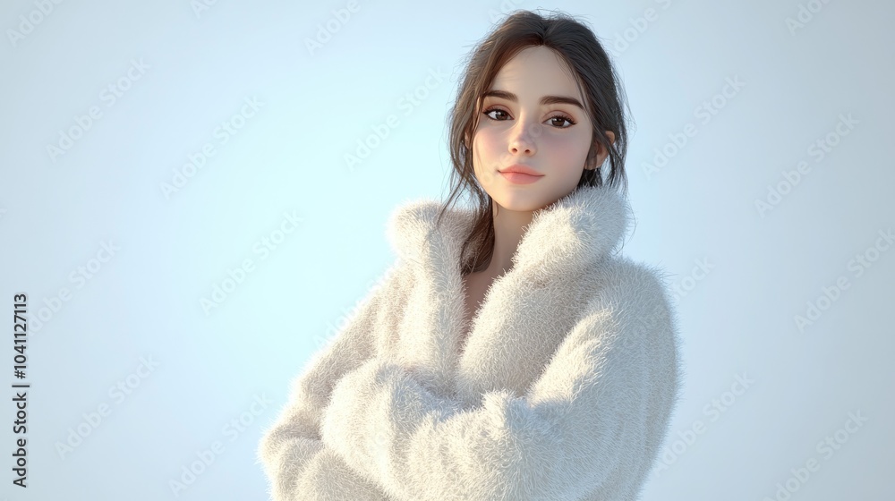 3D Cartoon of Young Woman Posing in Fluffy White Coat 3D Cartoon of Young Woman Posing in Fluffy White Coat