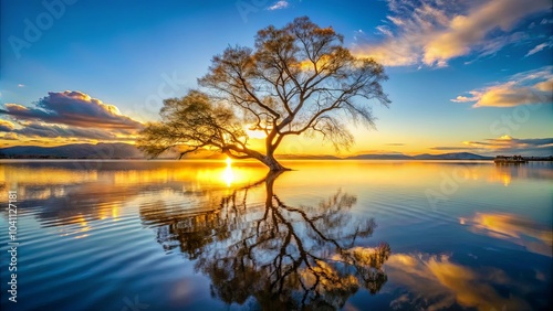 A Solitary Tree Stands Tall Against the Vibrant Hues of a Golden Sunrise, Its Reflection Mirrored Perfectly on the Still Water of a Serene Lake