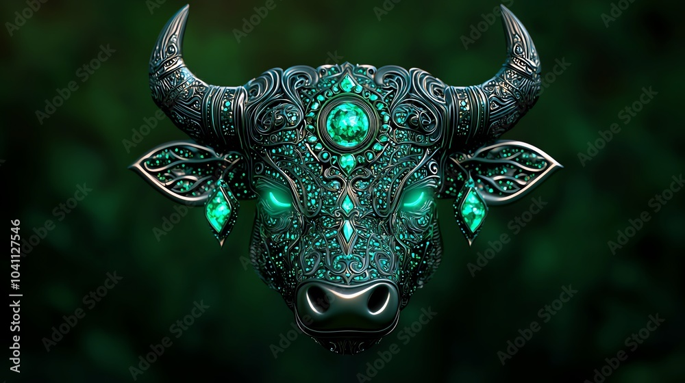 Fototapeta premium An ornate bull head adorned with intricate patterns and glowing emerald accents, set against a deep green background.