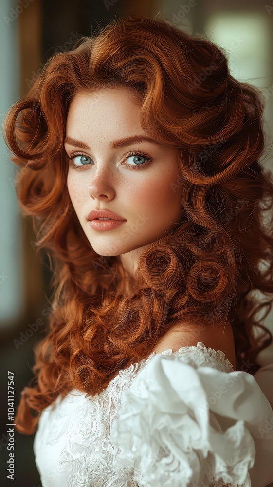 Fototapeta premium Radiant woman with vintage curls poses elegantly in a timeless, softly lit setting, exuding grace and charm.