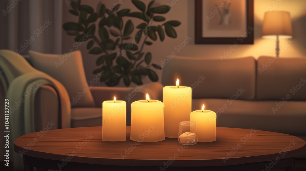 Rustic wooden tabletop adorned with candles in a cozy living area showcasing interior design elements Rustic wooden tabletop adorned with candles in a cozy living area showcasing interior design elements