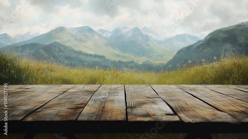 Oil painting depicting a wooden tabletop with a blurred mountain and grassy field background ideal for product display or design layouts featuring ample negative space