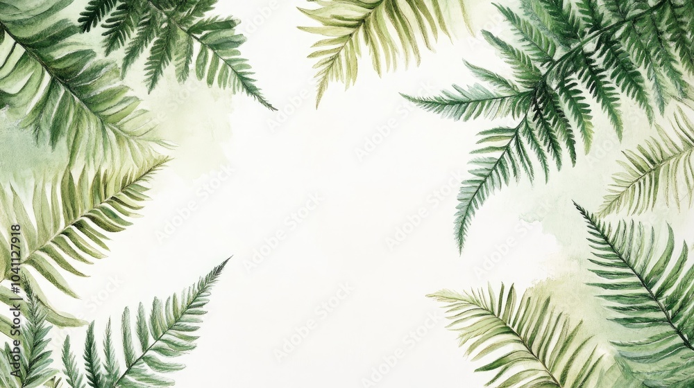 Pastel drawing of tropical fern leaves on a white background used as photo wallpaper in an interior setting