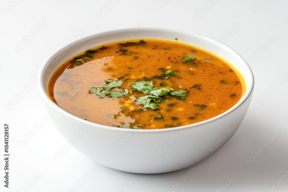 A simple yet appealing bowl of soup garnished with fresh cilantro leaves A simple yet appealing bowl of soup garnished with fresh cilantro leaves