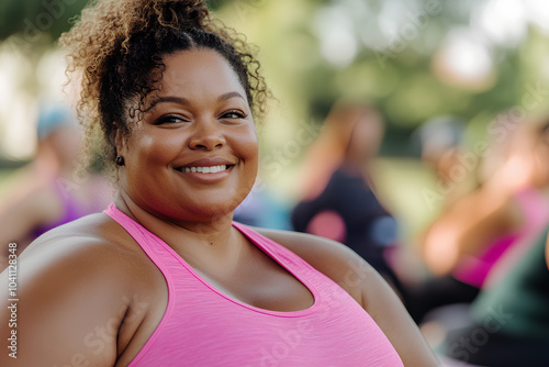 Woman with a big smile on her face is wearing a pink tank top