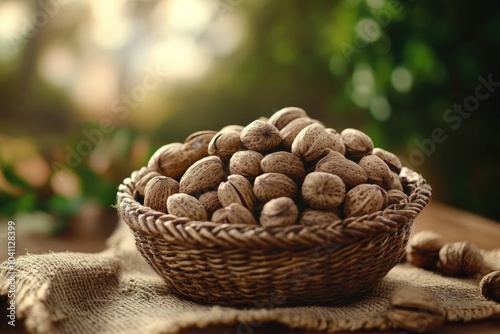 A basket filled with various types of nuts placed on a table for display or serving