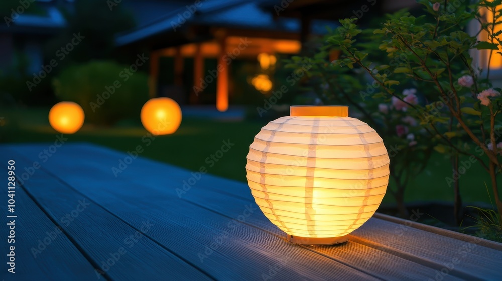 Fototapeta premium A serene evening scene featuring illuminated paper lanterns in a tranquil garden setting, creating a warm and inviting atmosphere.