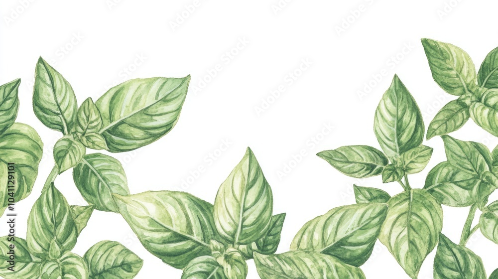 Green basil leaves illustrated against a white backdrop Green basil leaves illustrated against a white backdrop