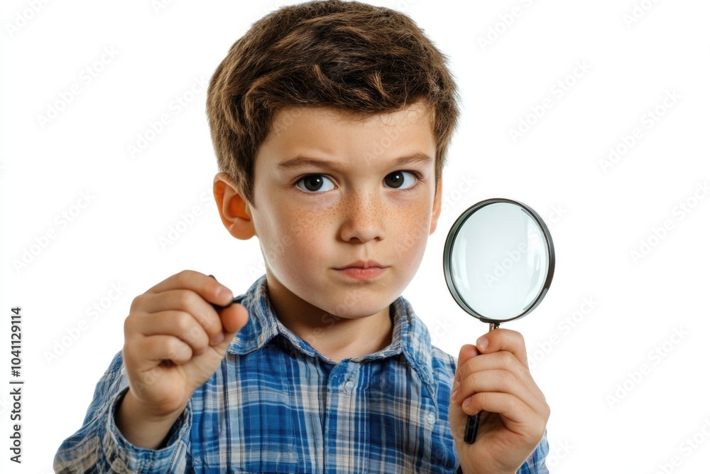 A young boy examining something close up with a magnifying glass, possibly for a scientific or detective purpose A young boy examining something close up with a magnifying glass, possibly for a scientific or detective purpose