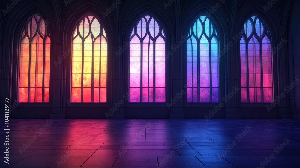 A captivating view of colorful stained glass windows illuminating a serene interior space with vibrant hues and reflections. A captivating view of colorful stained glass windows illuminating a serene interior space with vibrant hues and reflections.