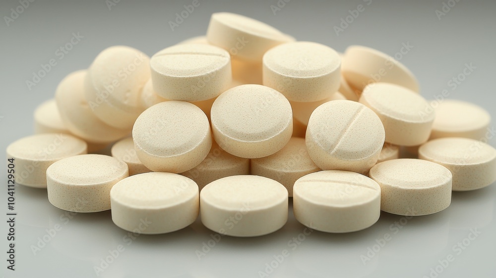 Piled round tablets on a smooth surface with a neutral background showcasing pharmaceutical products in natural light