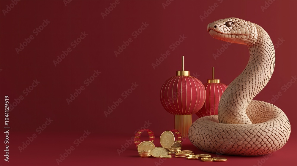 Snake with Gold Coins and Red Lanterns, Symbol of Wealth and Prosperity, Chinese New Year Decorations, Feng Shui Wealth Attractor, Financial Success Concepts, Cultural Festive Celebrations Snake with Gold Coins and Red Lanterns, Symbol of Wealth and Prosperity, Chinese New Year Decorations, Feng Shui Wealth Attractor, Financial Success Concepts, Cultural Festive Celebrations