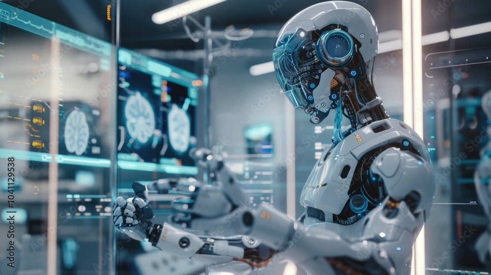 A robot examines an item in a glass display case, perfect for illustrations on technology and innovation