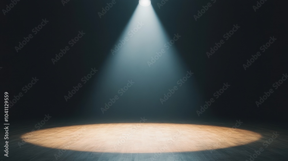 A dramatic spotlight shines down on a wooden stage, creating a focal point in an otherwise dark environment. A dramatic spotlight shines down on a wooden stage, creating a focal point in an otherwise dark environment.