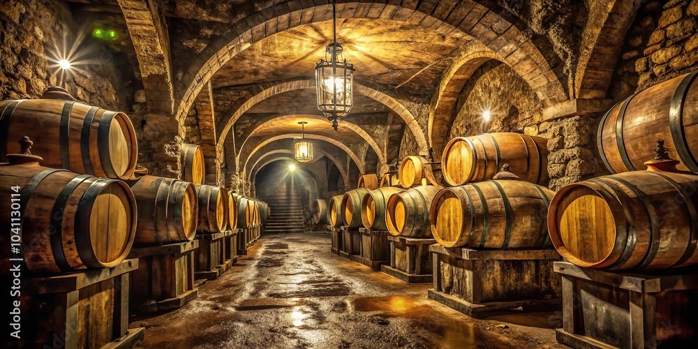 Obraz premium A dimly lit stone vaulted cellar filled with rows of wooden barrels, each a testament to the rich history and artistry of winemaking.