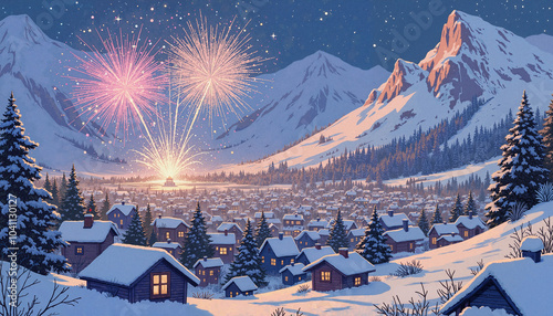 Fireworks Display Over Snowy Mountain Town