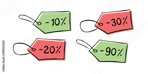 Discount 10, 30, 20, 90 percent off tags. Outline hand drawn vector illustration, cliparts in Doodle flat style on theme of stores, black Friday and sales