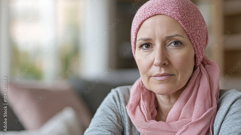A older woman with cancer, wearing a pink scarf, looks directly into the camera Breast Cancer support A older woman with cancer, wearing a pink scarf, looks directly into the camera Breast Cancer support