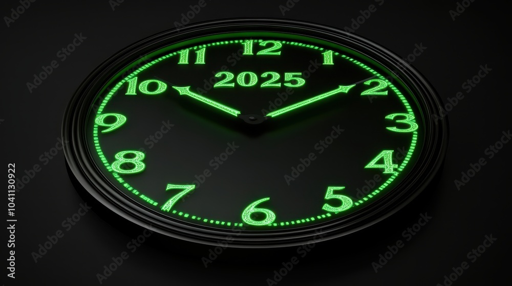 Countdown to the New Year 2025. Black clock with glowing green numbers against a dark background Countdown to the New Year 2025. Black clock with glowing green numbers against a dark background
