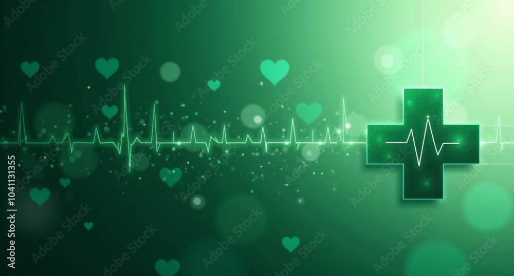 Unity in green and silver with smooth transitions, medical cross, and heartbeat lines, symbolizing health and collaboration. Layered textures and spatial hierarchy Unity in green and silver with smooth transitions, medical cross, and heartbeat lines, symbolizing health and collaboration. Layered textures and spatial hierarchy